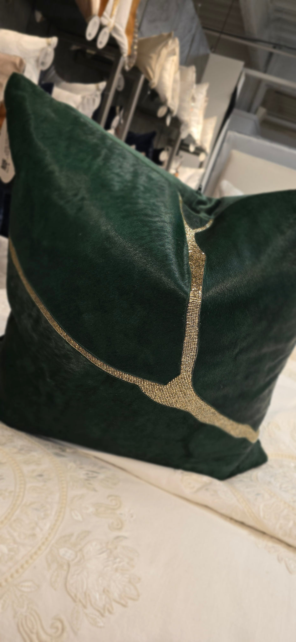 Emerald Hide Pilllow with Gold Crystal Beads