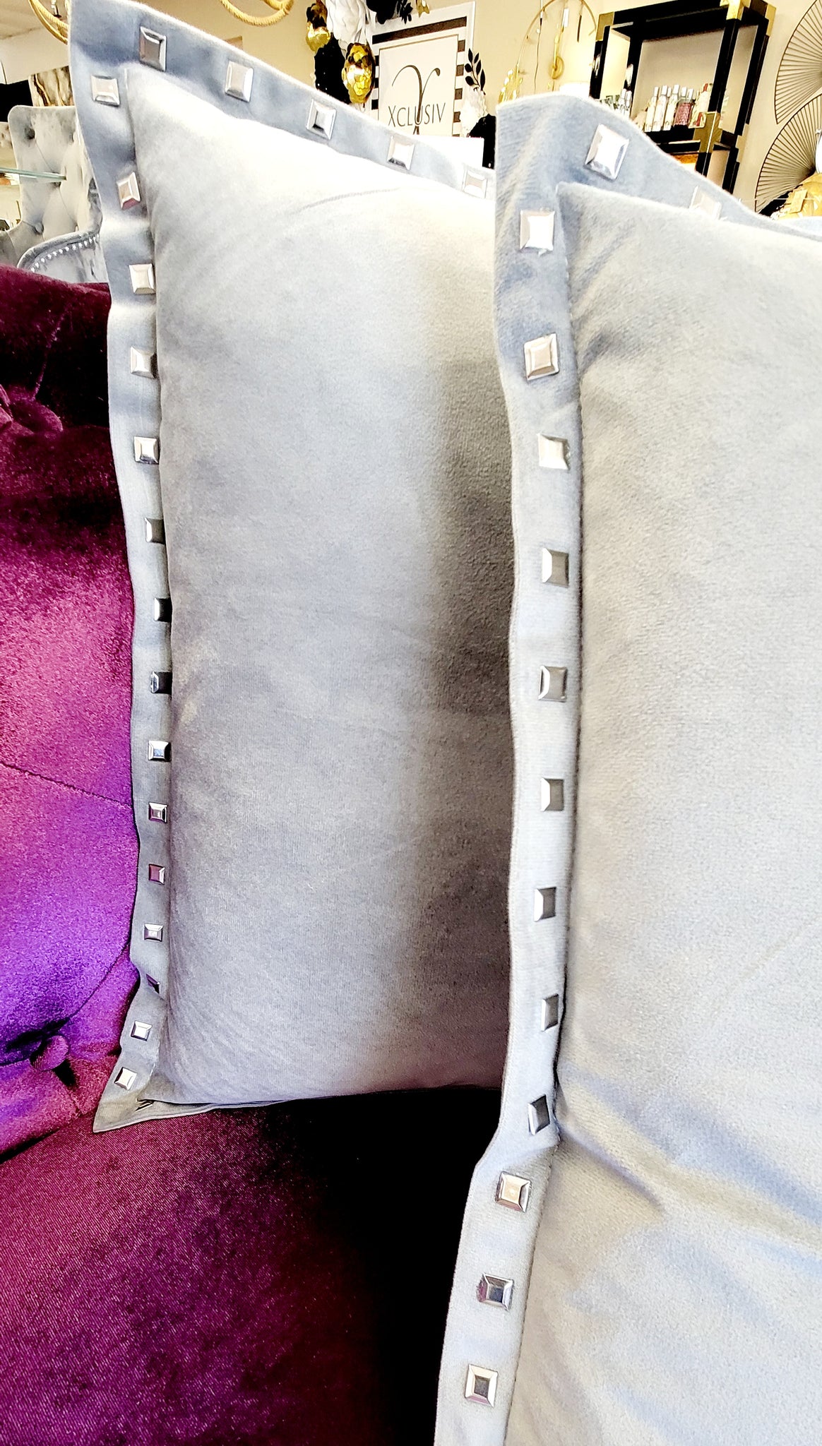 Grey Pillows w/Silver Studs- Set of 2