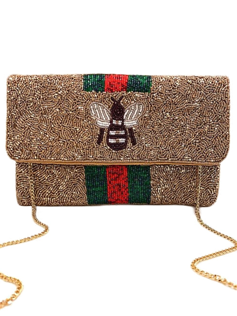 BEE-You Gold Striped Beaded Clutch